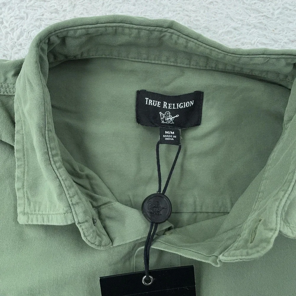 True Religion Shirt Mens Medium Olive Green Button Up Long Sleeve Logo Patch‎